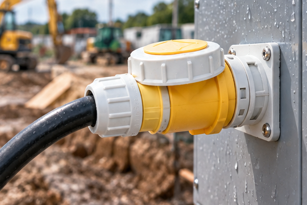 Yellow industrial waterproof connector with a black power cable mounted on outdoor equipment at a construction site.